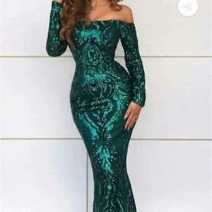 OFF SHOULDER EVENING DRESS WITH SLEEVES CHIC MERMAID SEQUINS